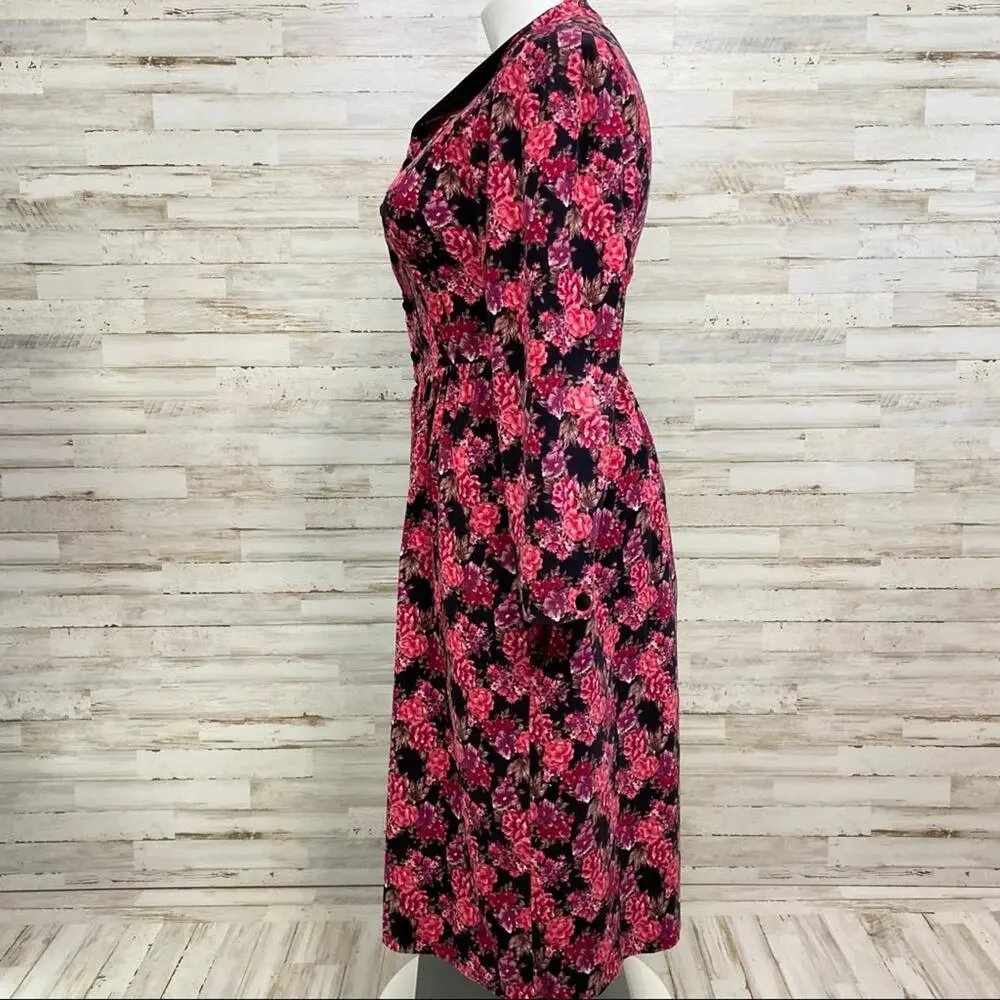 Laura Ashley Vintage Floral Corduroy Dress Womens Size 10 Pink Black Velvet Trim - Picture 6 of 16